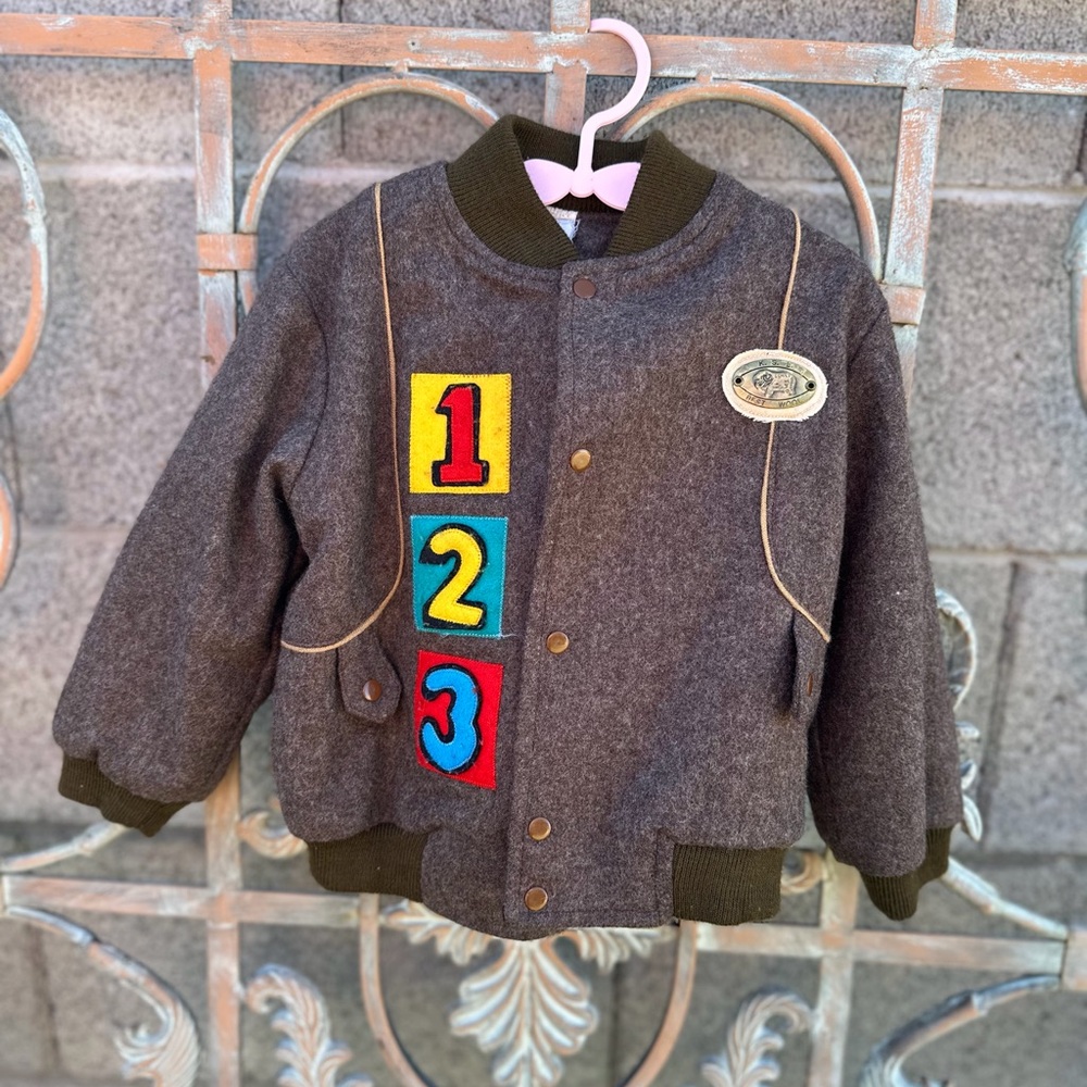 Kids Grey Wool Varsity Jacket with 1-2-3 Patch